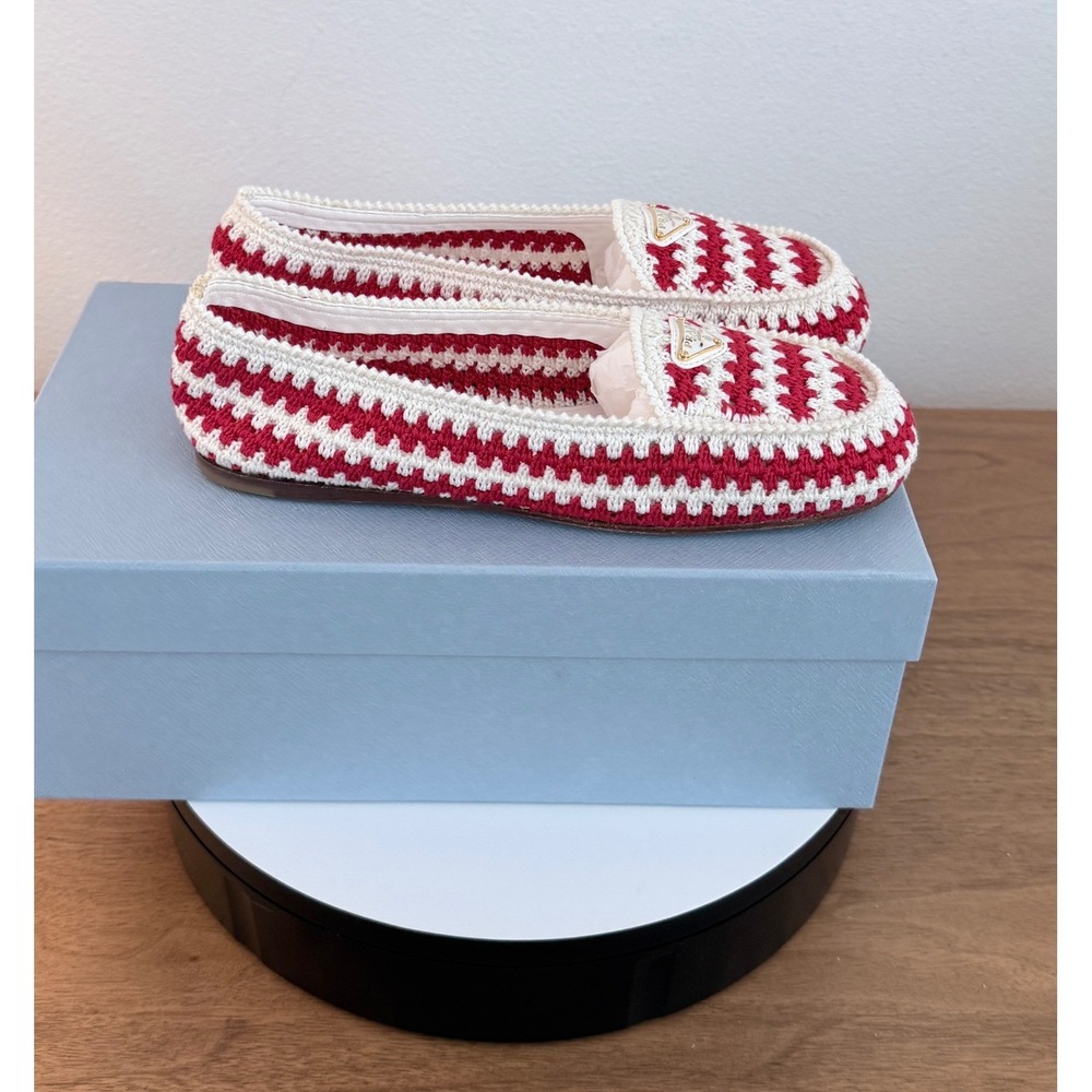 Prada Red White Crochet Loafers Enameled Triangle Logo Flats 1D496N Womens 37 - Picture 6 of 11